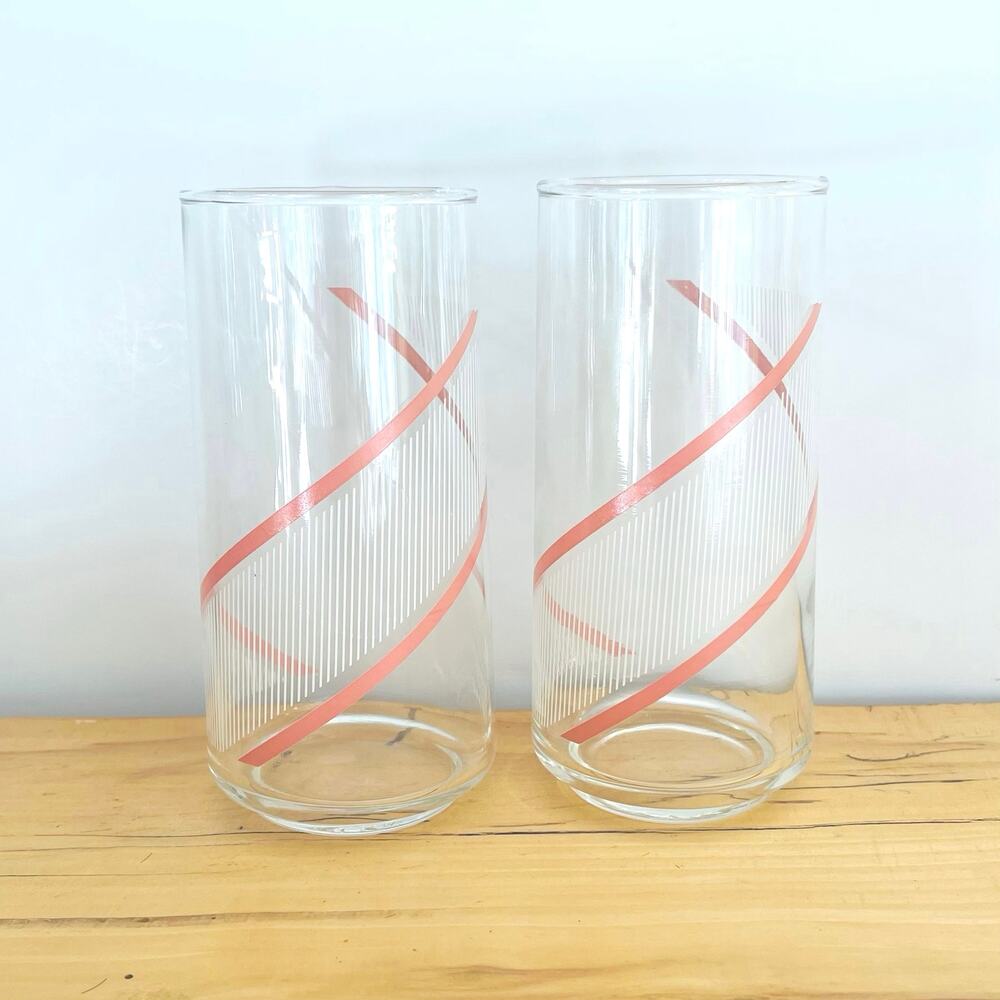 2 Vtg Georges Briard Crisa 80s Drinking Glasses Tumblers Swirl Stripe Pink White
